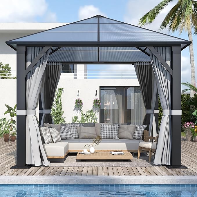 GARTOO 10' x 10' Hardtop Gazebo (Polycarbonate Roof, Steel Frame)