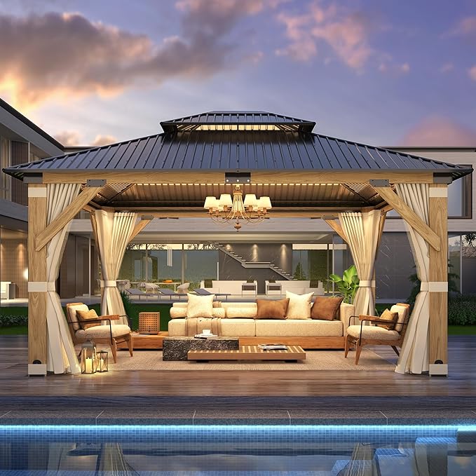 GARTOO 11' x 13' Cedar Wood Hardtop Gazebo (Double Metal Roof)